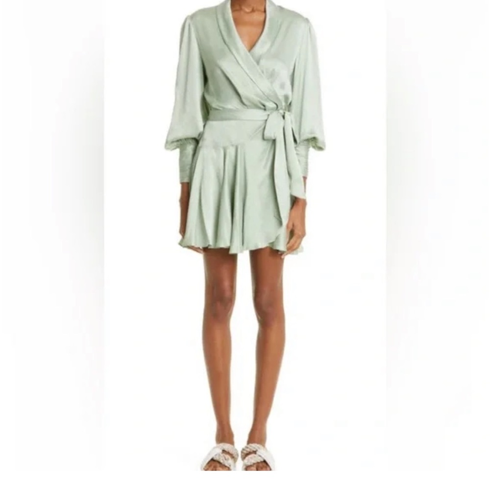 Zimmermann Long Sleeve Silk Wrap Green Mini Dress